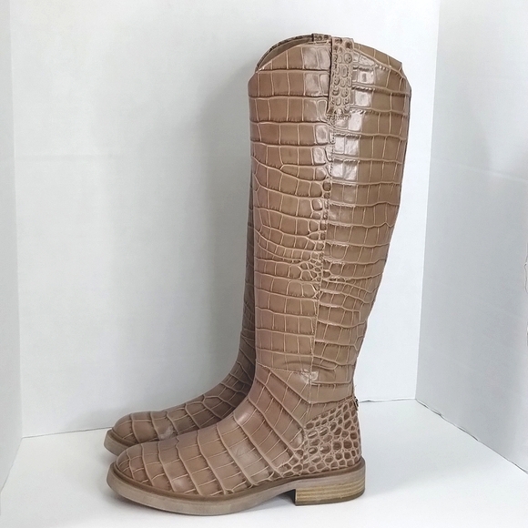 Sam Edelman Fable Tall Riding Boots Sz 7.5 Tan Croc Leather EUC - Picture 2 of 11